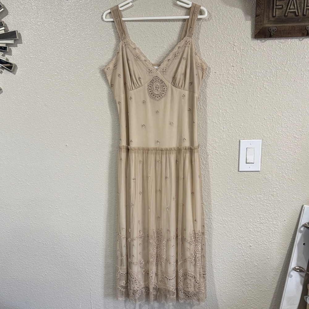 Newport News Tan Lace Midi Dress